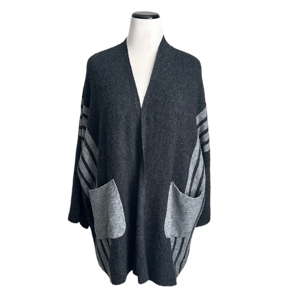 Veveret Women’s Wool Blend Grey Striped Open Front Pockets Cardigan Sweater M/L
